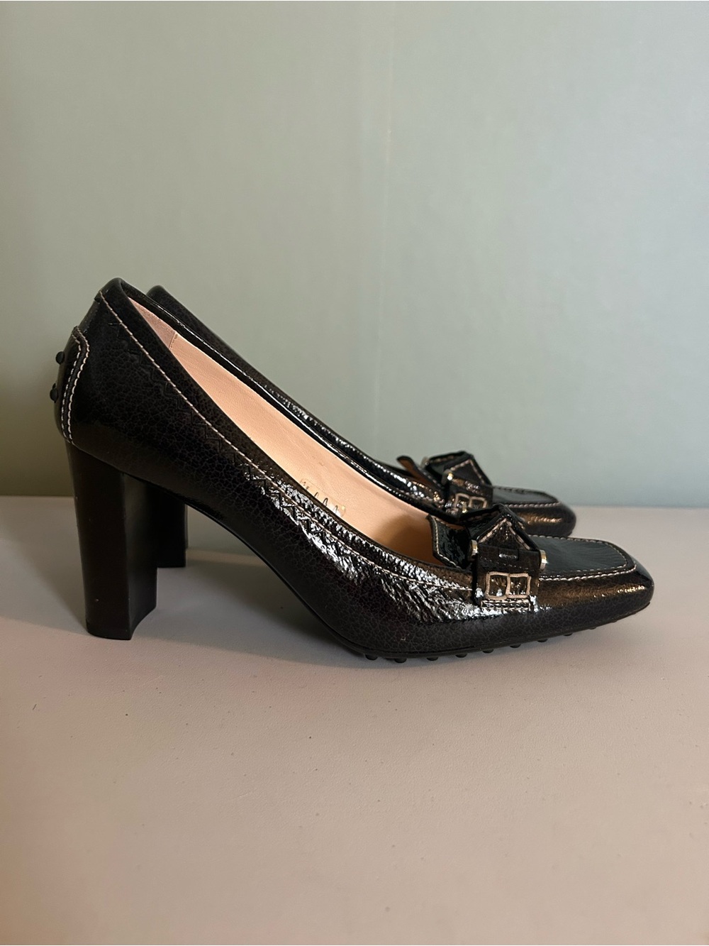 Tod's Black Patent Leather Block Heel Pumps